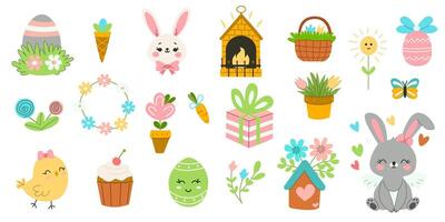 Cute set of elements for the Easter holiday. Rabbit, eggs, fireplace, basket, gift, cupcake, flowers, feeder. Vector illustration for greeting cards.