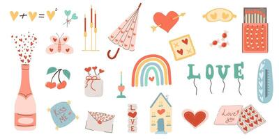 Vector set for Valentine's Day. Various romantic items. Heart, champagne, candles, umbrella, pillow, butterfly, berries, envelope. White isolated background.