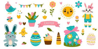 Cute set of elements for the Easter holiday. Rabbit, eggs, sun, tulips, flowers, cupcake, festive garland. Vector illustration for greeting cards.