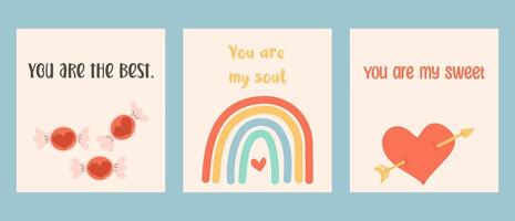 A set of cute cards for Valentine's Day. For a website. Valentine's Day. Trendy and minimalistic posters with inscriptions and drawn illustrations about Valentine's Day, holiday. Postcard template. vector