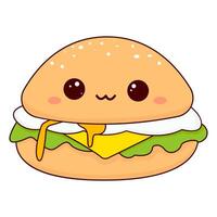 dibujar kawaii gracioso hamburguesas con vector ilustración rápido comida menú concepto. garabatear dibujos animados estilo.