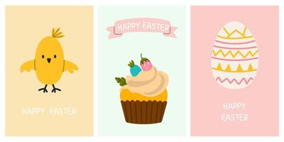 Greeting cute cards for the Easter holiday. Chicken, cupcake, Easter egg. For posters, cards, scrapbooking, stickers vector