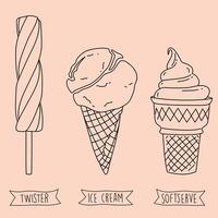 Set ice cream in a cone ice cream on a stick. linear isolated summer dessert illustration for menu vector