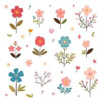 Isolated set of cute spring flowers and leaves in flat style. Design for fabric, packaging, textiles, wallpaper vector