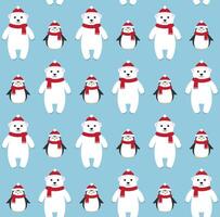 Seamless pattern of flat polar bear and penguin vector