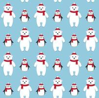 Seamless pattern of flat polar bear and penguin vector