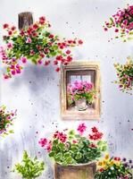 Hand painted watercolor wall with a window and pink flowers. Watercolor building decorated with flowers. vector