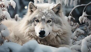 ai generado linda gris lobo sentado en nieve, mirando a cámara generado por ai foto