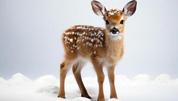 Cute young deer standing in grass, looking at camera generated by AI photo