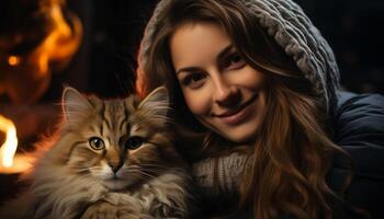 AI generated Smiling women embrace, love, and play with cute kittens outdoors generated by AI photo