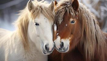 AI generated Beautiful mare and foal grazing in the summer meadow generated by AI photo