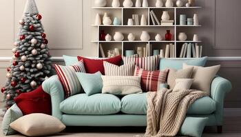 AI generated Cozy living room with modern sofa, bright decoration, and comfortable pillows generated by AI photo