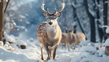 ai generado un linda ciervo soportes en el nieve cubierto bosque generado por ai foto