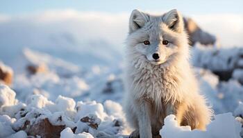 A cute puppy sitting in the snow, looking at you generated by AI photo