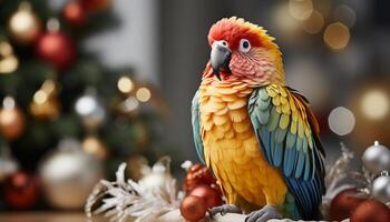 ai generado linda guacamayo encaramado en rama, mirando a cámara, vibrante colores generado por ai foto