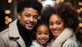 AI generated Smiling family embraces love, happiness, and togetherness in winter generated by AI photo