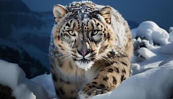 ai generado majestuoso tigre, feroz cazador, curioso, nieve cubierto bosque, tranquilo desierto generado por ai foto