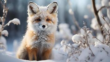 ai generado linda rojo zorro sentado en nieve, curioso a cámara generado por ai foto