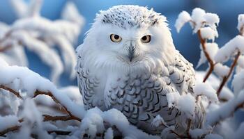 AI generated Snowy owl perched on branch, staring at camera in winter generated by AI photo