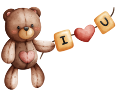 Cute brown teddy bear with heart and word I love you in watercolor style png