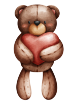 Cute and cuddly teddy bear doll standing hug heart in watercolor style png