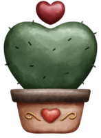 Cute heart shape cactus in pot in watercolor style png