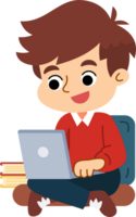 el linda chico es relajante y disfrutando utilizando el computadora ordenador portátil. plano estilo dibujos animados ilustración. png