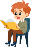 el linda chico es relajante y disfrutando leyendo libros. plano estilo dibujos animados ilustración. png