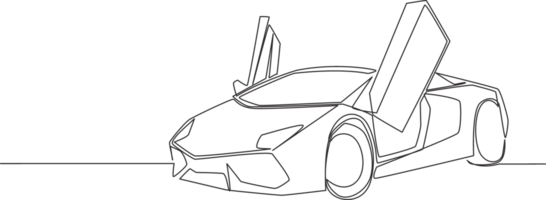 einer Linie Zeichnung von Luxus Sport Auto mit Schmetterling Tür geöffnet. Super Auto Fahrzeug Transport Konzept. Single kontinuierlich Linie zeichnen Design png