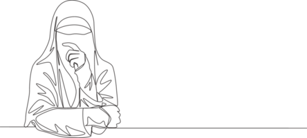 een doorlopend lijn tekening van jong mooi Aziatisch muslimah vervelend boerka terwijl aanraken haar lippen. traditioneel mooi Islamitisch vrouw Niqab jurk concept single lijn trek ontwerp illustratie png