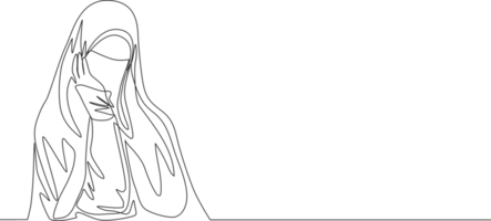 Single continuous line drawing of young beauty middle east muslimah wearing burqa with head scarf. Traditional beautiful muslim woman niqab with hijab concept one line draw design illustration png