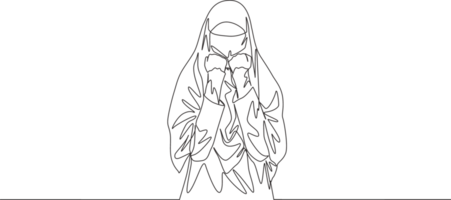 Single continuous line drawing of young attractive wearing burqa with veil giving victory gesture. Traditional beauty muslim woman niqab with hijab concept one line draw design illustration png