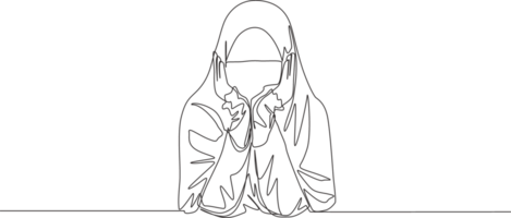 One continuous line drawing of young pretty middle east muslimah wearing burqa with headscarf. Traditional beautiful Islamic woman niqab dress concept single line draw design illustration png