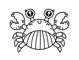 Crab vector illustration. Friendly crustacean animal with a spotted shell and claws. Funny ocean pet smiles. Coloring page for children, kids. Outline, black doodle. Comic clipart isolated on white