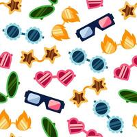 Sunglasses seamless vector pattern. Glasses in the shape of a star, heart, flower, flame, alien eyes. An accessory for watching 3D movies. Funny colorful background for party, birthday, celebration