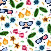 Glasses seamless vector pattern. Sunglasses in the shape of a star, flower, heart, flame. Mask with a mustache and nose, 3D glasses. Funny 60s groovy accessories. Colorful background for party, event