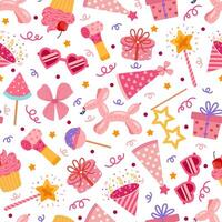 Party seamless vector pattern. Cute pink toys for a girl - balloon, whistle, cake, firecracker, gifts, sweets. Surprises for a kid birthday, newborn, baby. Anniversary celebration, funny background