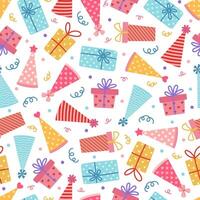 Birthday party seamless vector pattern. Colorful gift boxes, paper cone hats, confetti. Surprise for a holiday, anniversary, festival. Congratulations, celebration of the event. Cartoon background