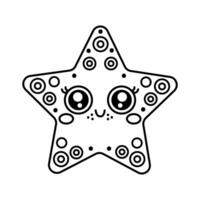 Starfish vector icon. Cute sea animal lies and smiles. Friendly ocean star, happy invertebrate. Underwater character sketch. Hand drawn outline, coloring book for kids. Funny black and white clipart