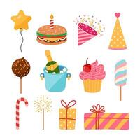 Party vector set. Festive elements - gifts, balloon, cool champagne, sweets, sparkler, funny firecracker. Birthday of a child, adult. Surprise for a holiday, event celebration. Flat cartoon clipart