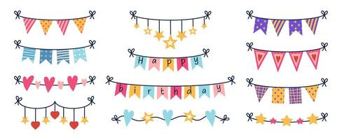 Holiday garland vector set. Colorful flags in different shapes hanging on a string. Textile decoration for a birthday, party, carnival, festival. Accessory with stars, hearts. Cartoon clipart for kids