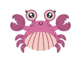 Funny crab vector illustration. Cute crustacean animal smiles and waves its claws. A pink pet with a striped belly and a spotted shell. Friendly sea character. Flat cartoon clipart for kids, babies