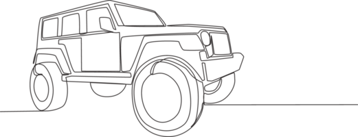 single lijn tekening van 4x4 wiel rit taai hardtop auto. avontuur van de weg af rally voertuig vervoer concept. een doorlopend lijn trek ontwerp png