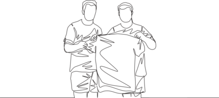 Single continuous line drawing of club manager introduce newly recruited football player at press conference from the transfer window to the fans. One line draw design illustration png