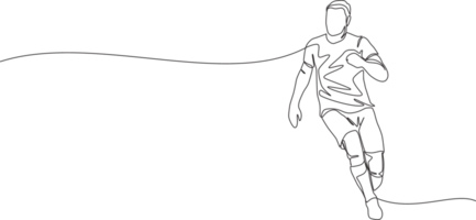 Single continuous line drawing of young energetic football player running to chase the ball at the game. Soccer match sports concept. One line draw design illustration png