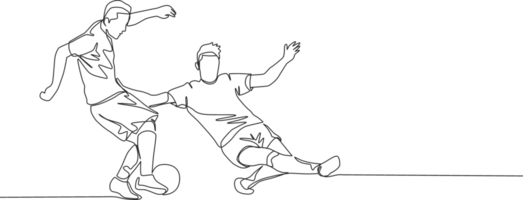 Single continuous line drawing of young energetic football player sliding opponent player when he wants to dribbling pass him. Soccer match sports concept. One line draw design illustration png