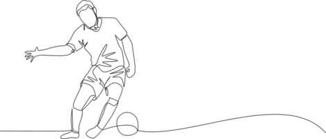 One single line drawing of young strong football defender block the ball and control it avoiding opponents. Soccer match sports concept. Continuous line draw design illustration png