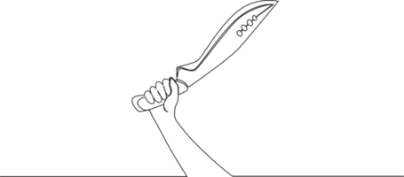 Single continuous line drawing of man holding traditional machete blade. One line draw design illustration png