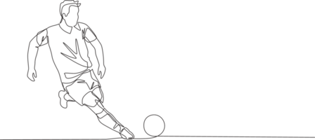 One single line drawing of young energetic football player dribbling the ball and ready to shot to the goal. Soccer match sports concept. Continuous line draw design illustration png