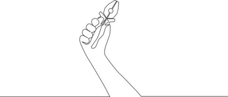 One continuous line drawing of man holding stainless steel pliers. Handyman tools concept. Single line draw design illustration png